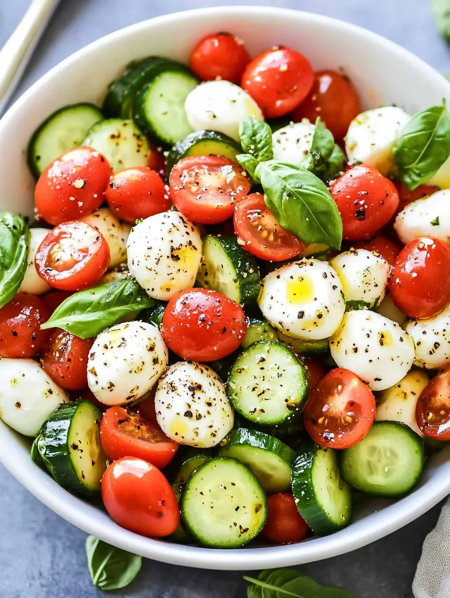 Drizzling balsamic dressing onto Cucumber Caprese Salad