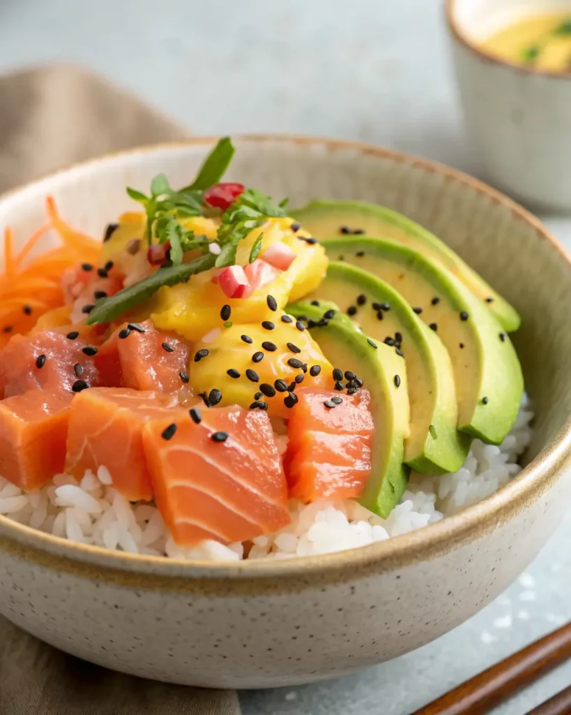 Easy salmon and rice bowl with toppings