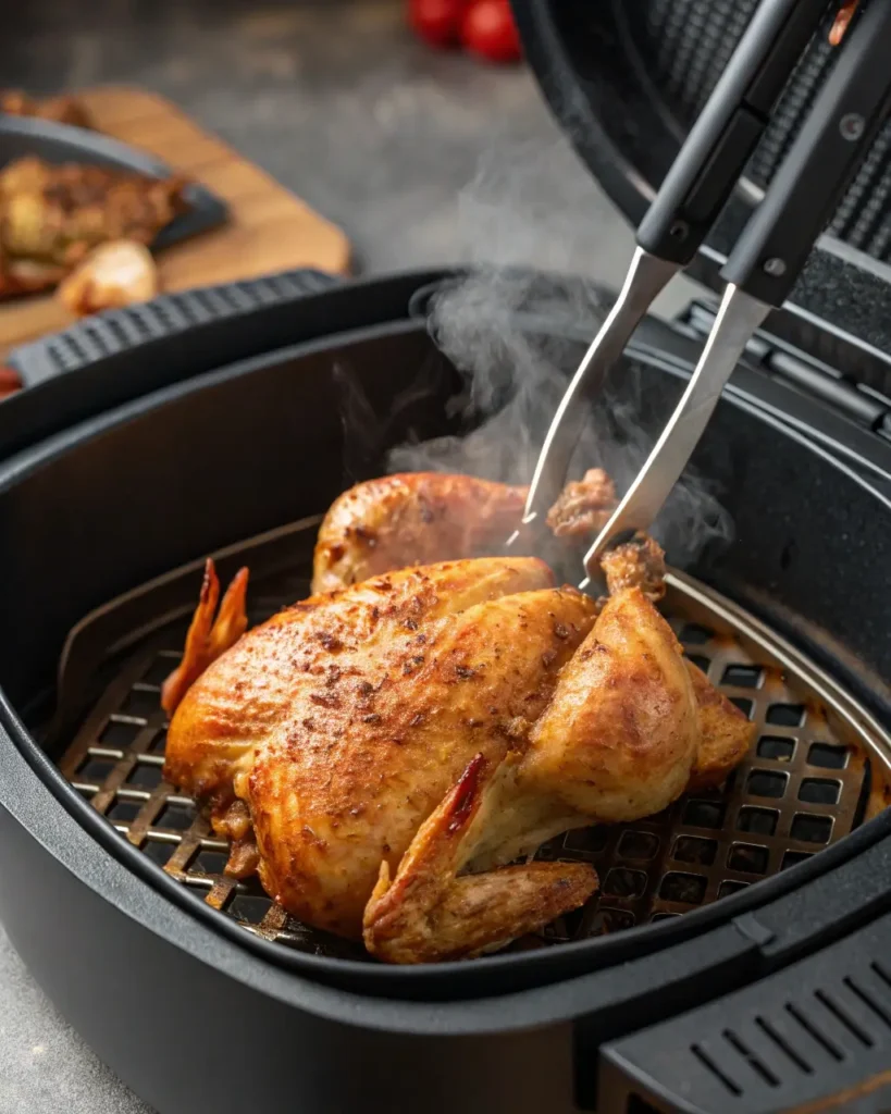 Flip whole chicken in air fryer mid-cooking