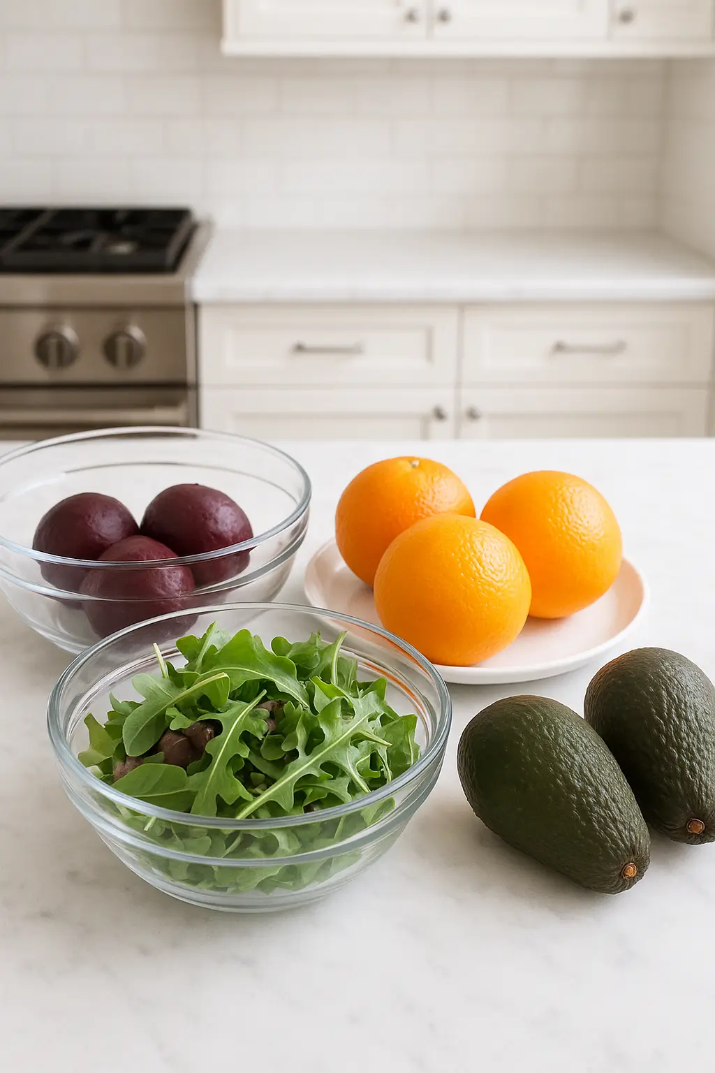 Fresh ingredients for roasted beet orange avocado salad on a marble countertop