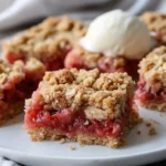 Fresh strawberry rhubarb crisp bars served with coffee in a cozy kitchen
