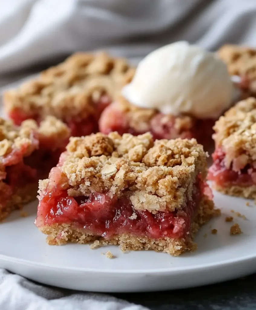 Fresh strawberry rhubarb crisp bars served with coffee in a cozy kitchen
