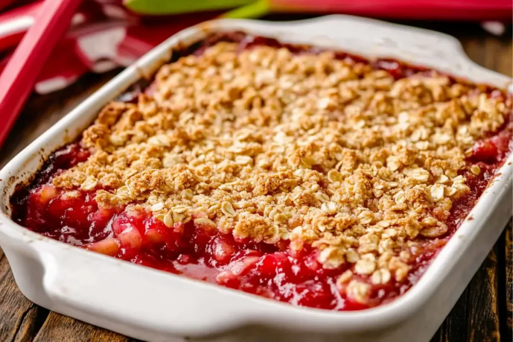 Freshly baked strawberry rhubarb crisp bars in pan