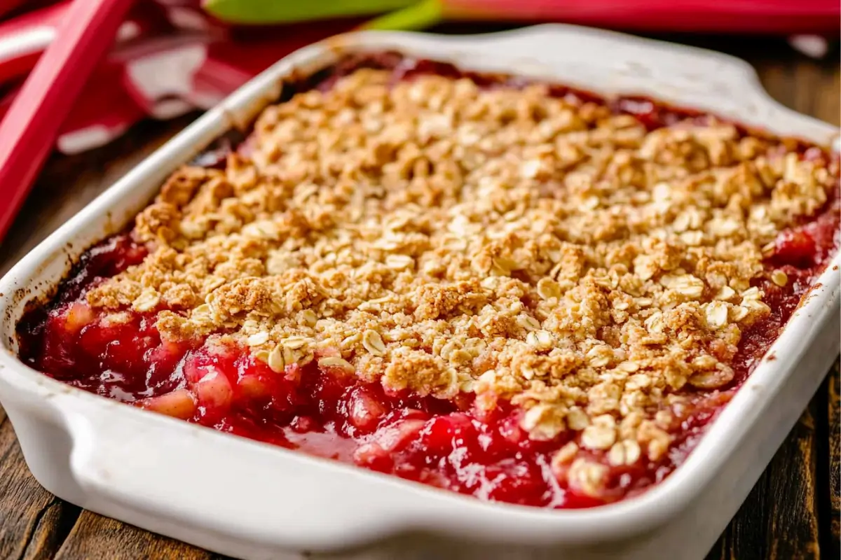 Freshly baked strawberry rhubarb crisp bars in pan