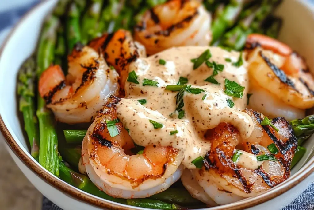 Grilled Shrimp Bowl with Asparagus & Creamy Garlic Sauce