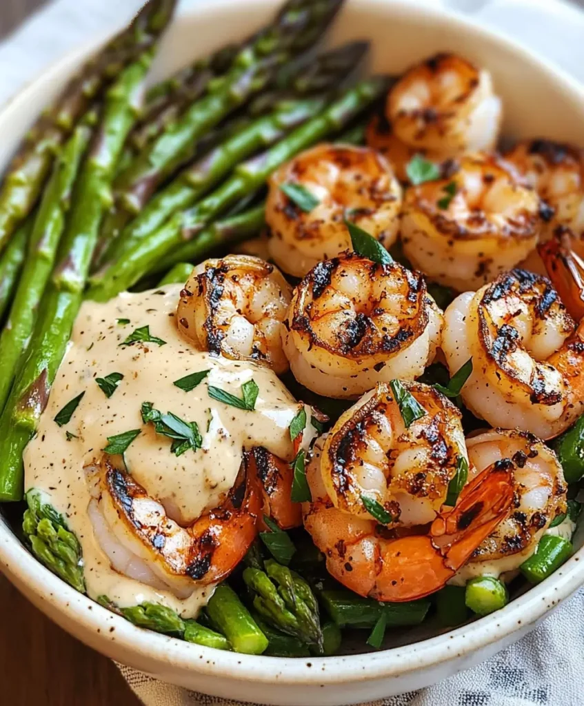 Grilled Shrimp Bowl with Asparagus and Creamy Garlic Sauce served over quinoa