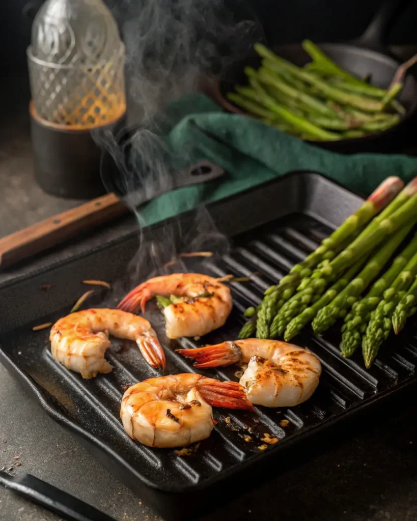 Grilled shrimp and asparagus in pan