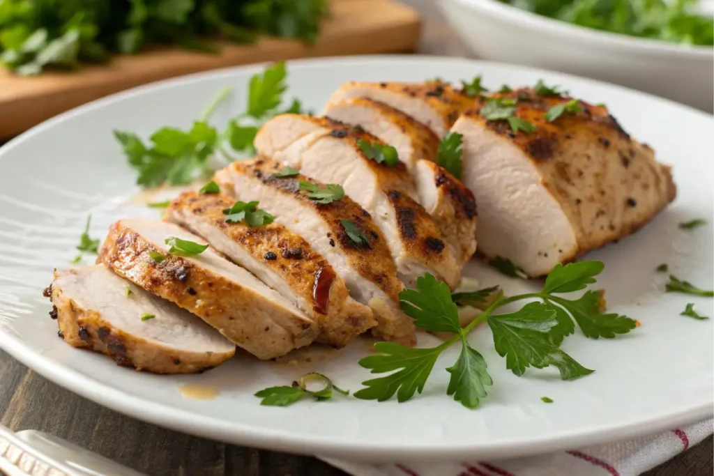Grilled thin chicken breast recipes served with parsley