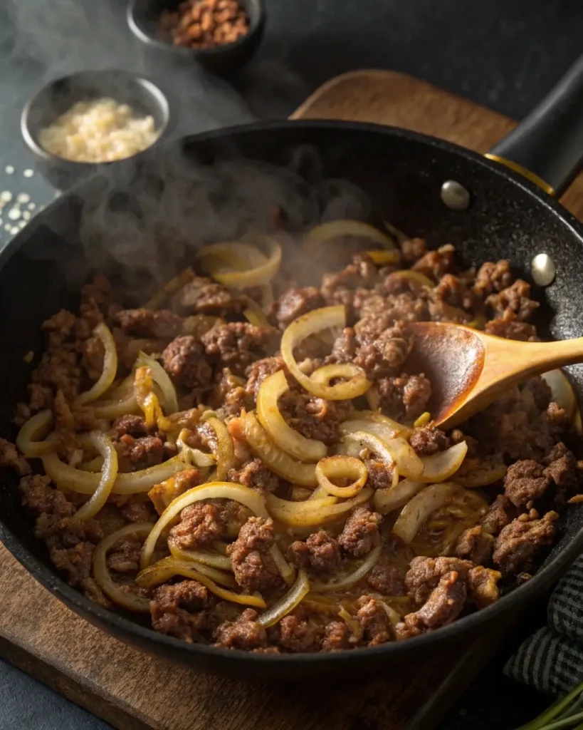 Ground beef and onions cooking for cheeseburger pockets