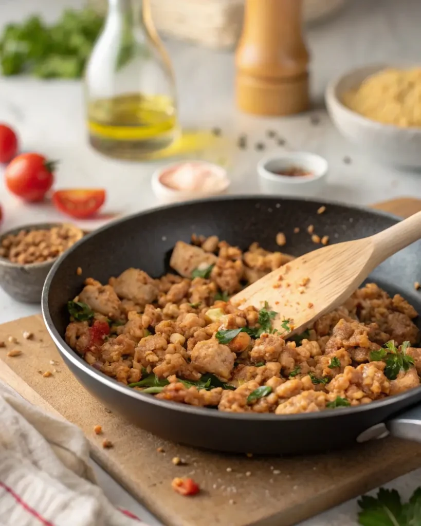 Ground chicken cooking in a skillet for Cajun Chicken Sloppy Joes
