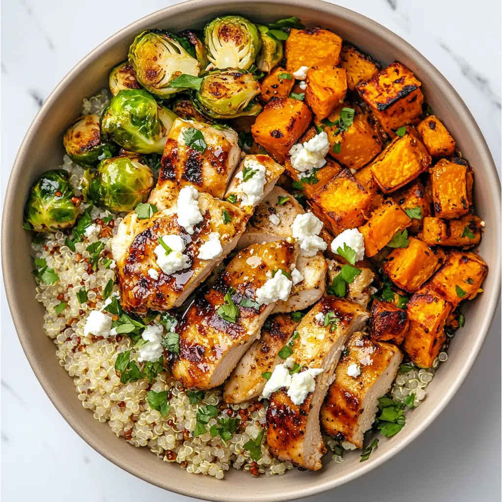 Hot honey chicken bowl with quinoa, roasted sweet potatoes, Brussels sprouts, and goat cheese