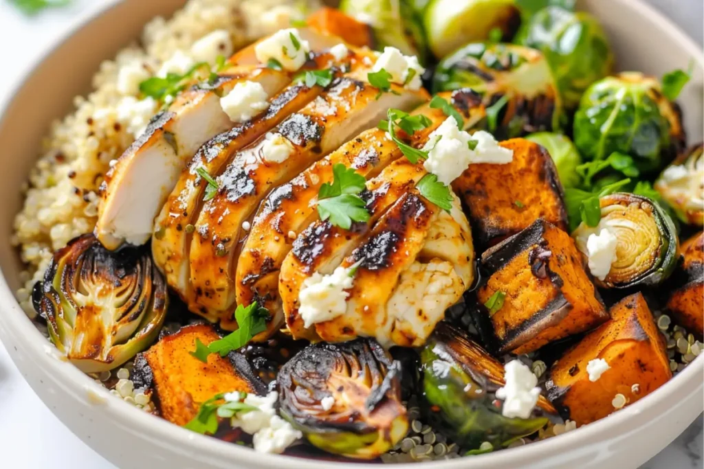 Hot honey chicken bowl with rice and vegetables