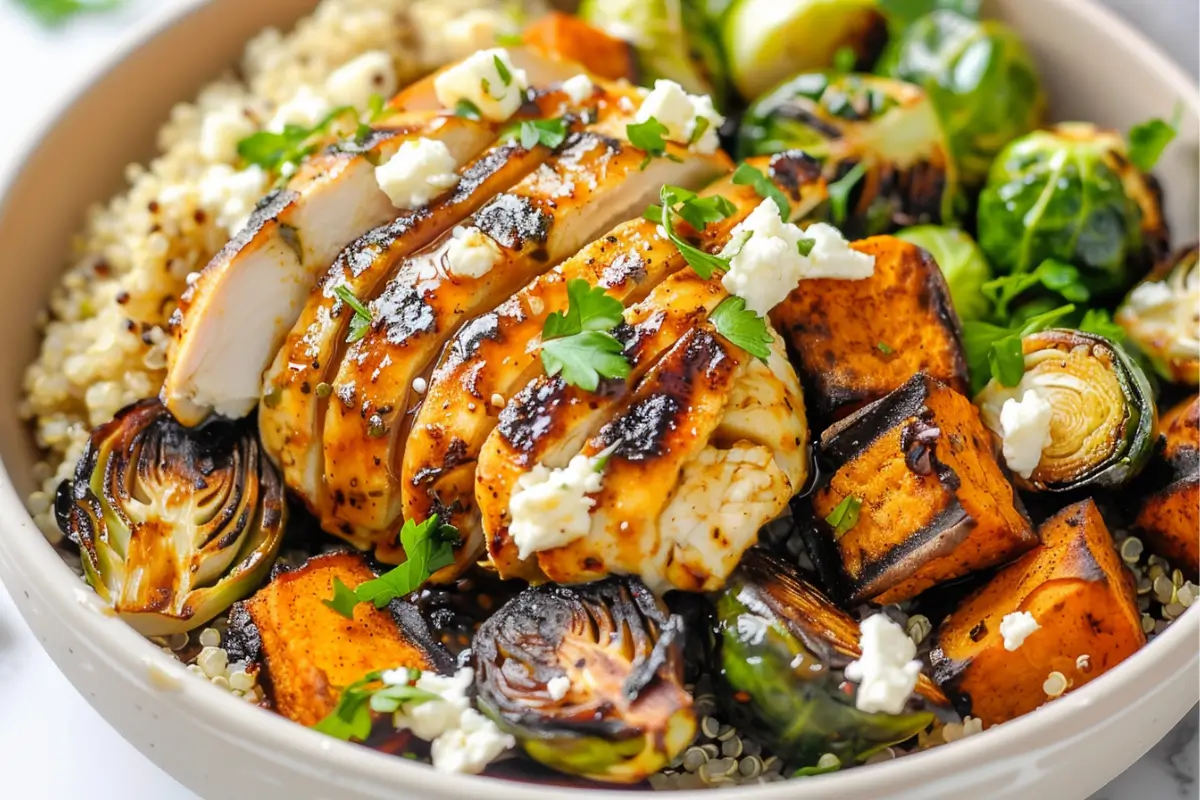 Hot honey chicken bowl with rice and vegetables
