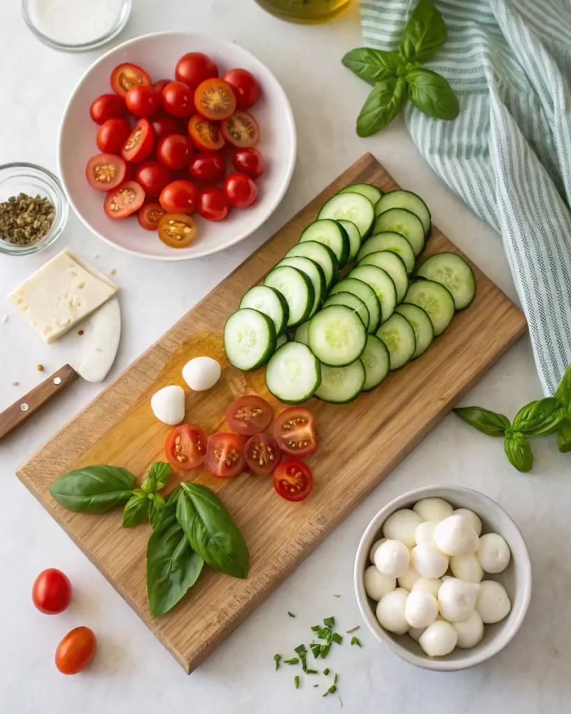 Ingredients for Cucumber Caprese Salad on a cutting board