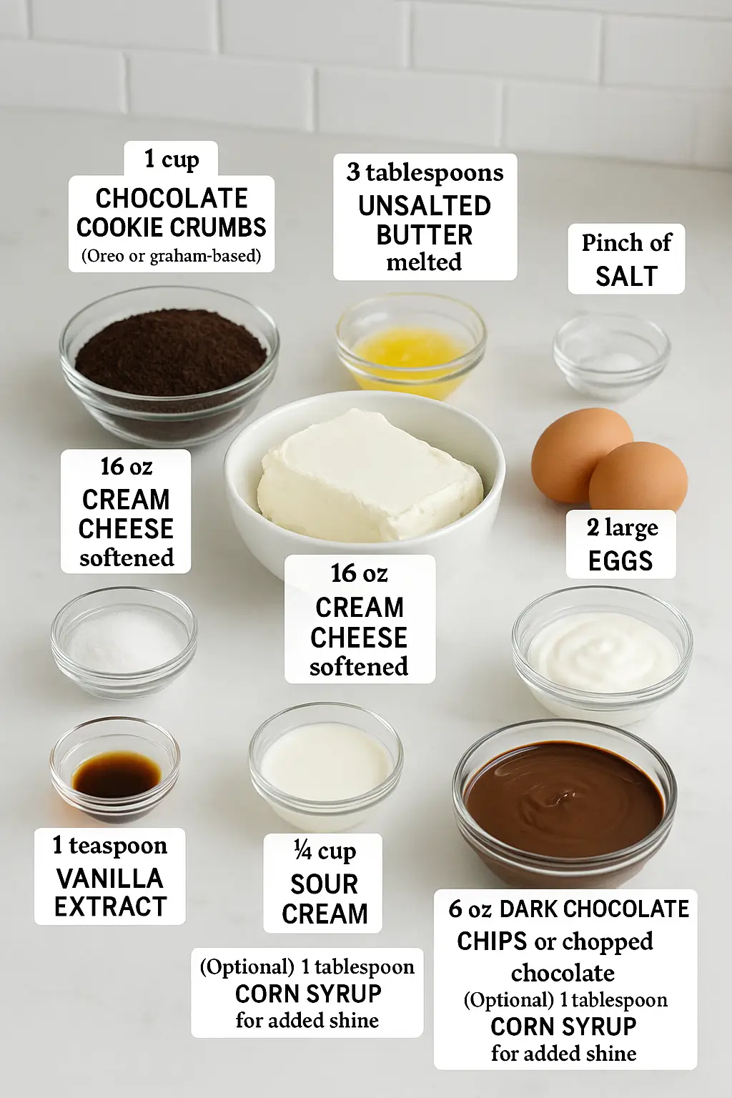 Ingredients for Mini Chocolate Cheesecake Bites with Fudge Ganache Frosting displayed in bowls