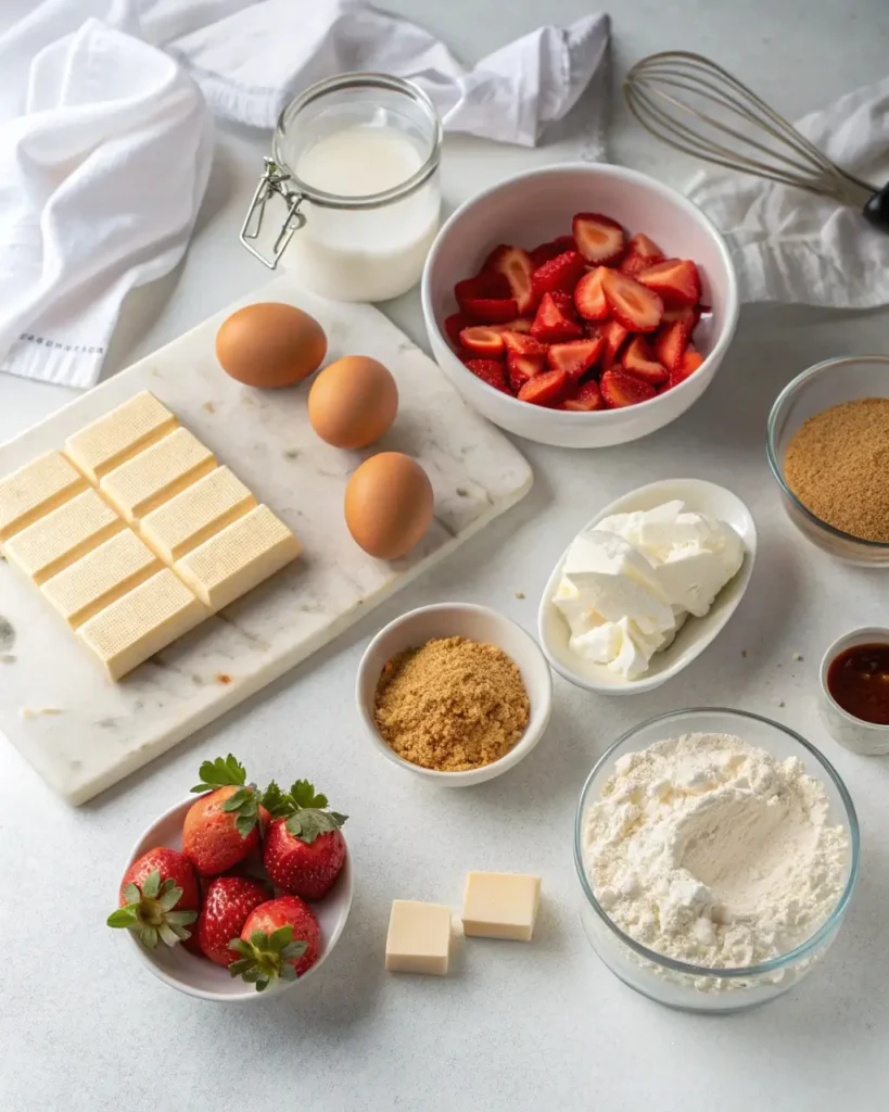Ingredients for Strawberry Cheesecake with White Chocolate Swirls