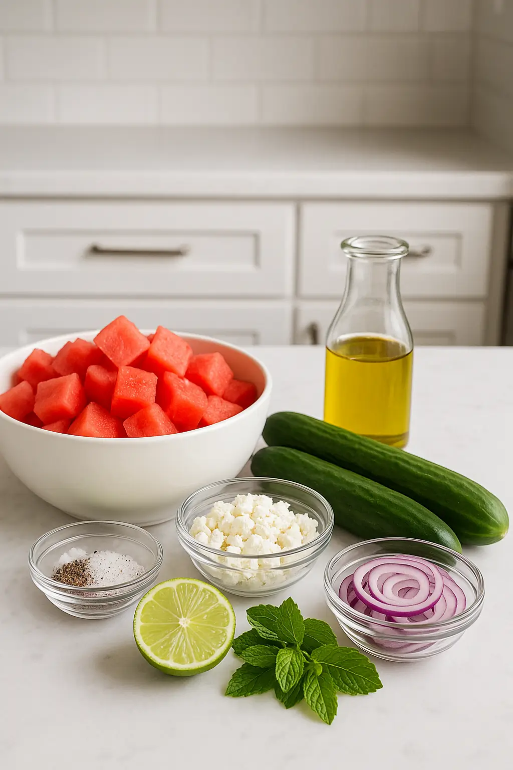 Ingredients for Watermelon Cucumber Feta Salad on a board