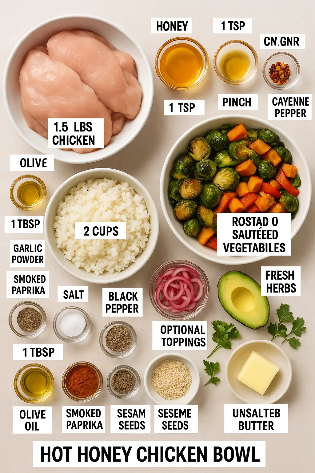 Ingredients for hot honey chicken bowl with rice, vegetables, and hot honey sauce