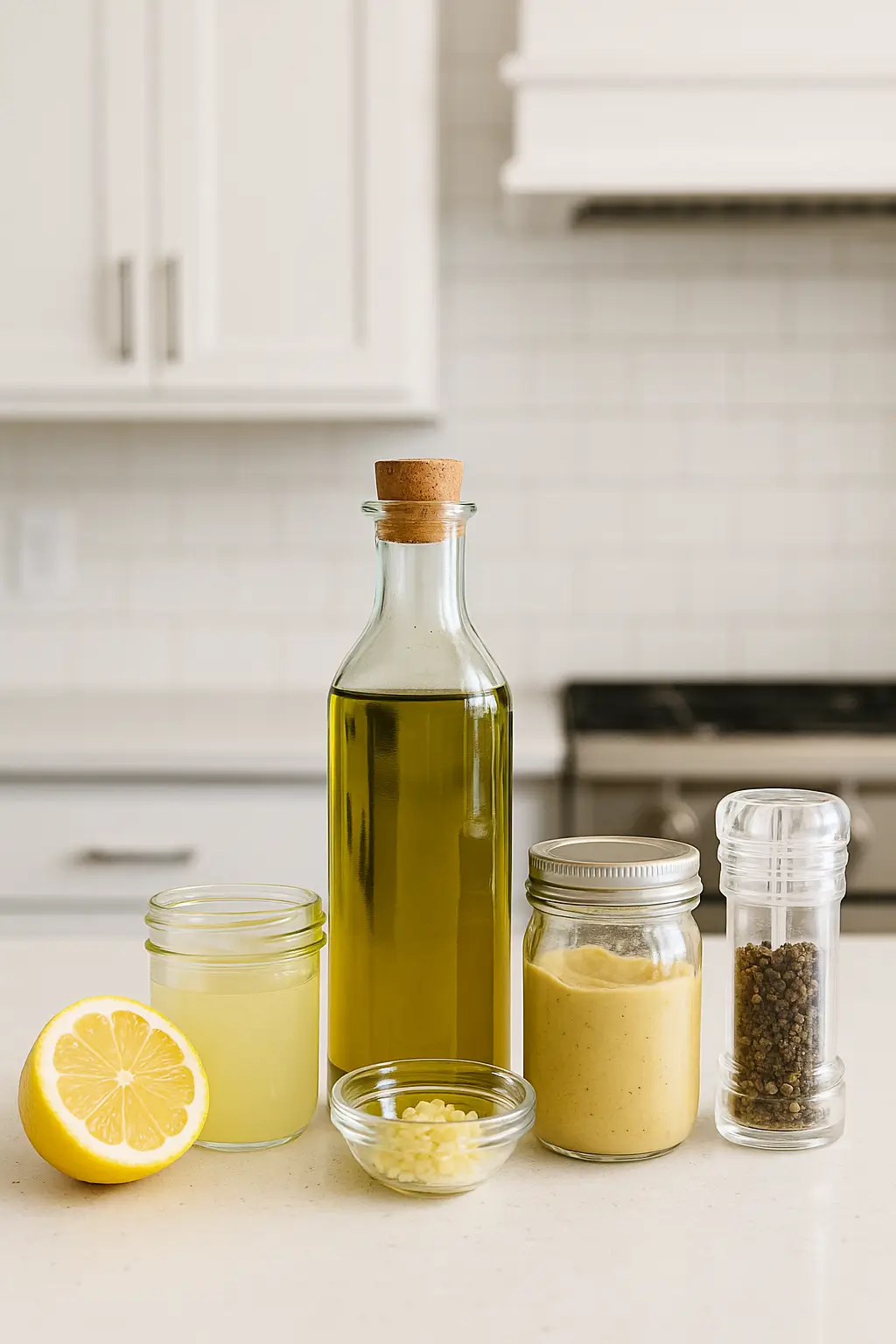 Ingredients for lemon dressing recipe vinaigrette laid out on a board