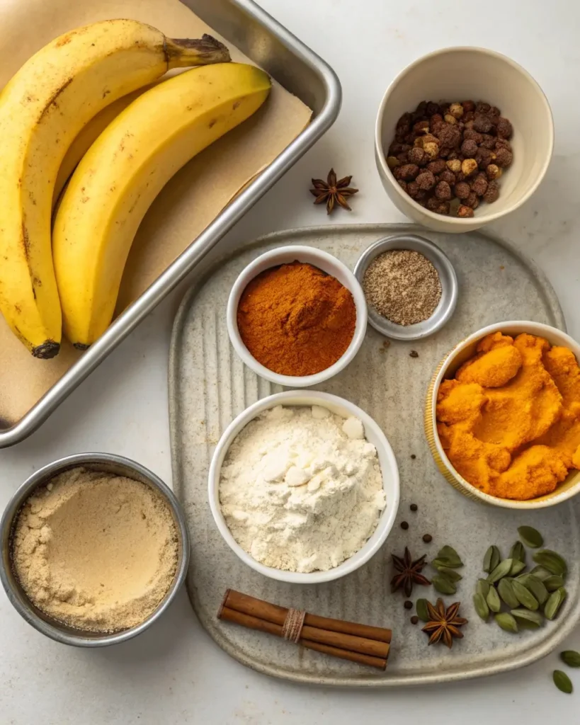 Ingredients for making pumpkin banana loaf including banana and pumpkin puree
