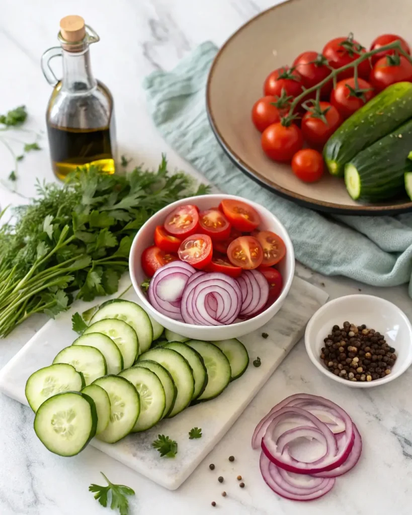 Ingredients for marinated cucumbers, onions and tomatoes