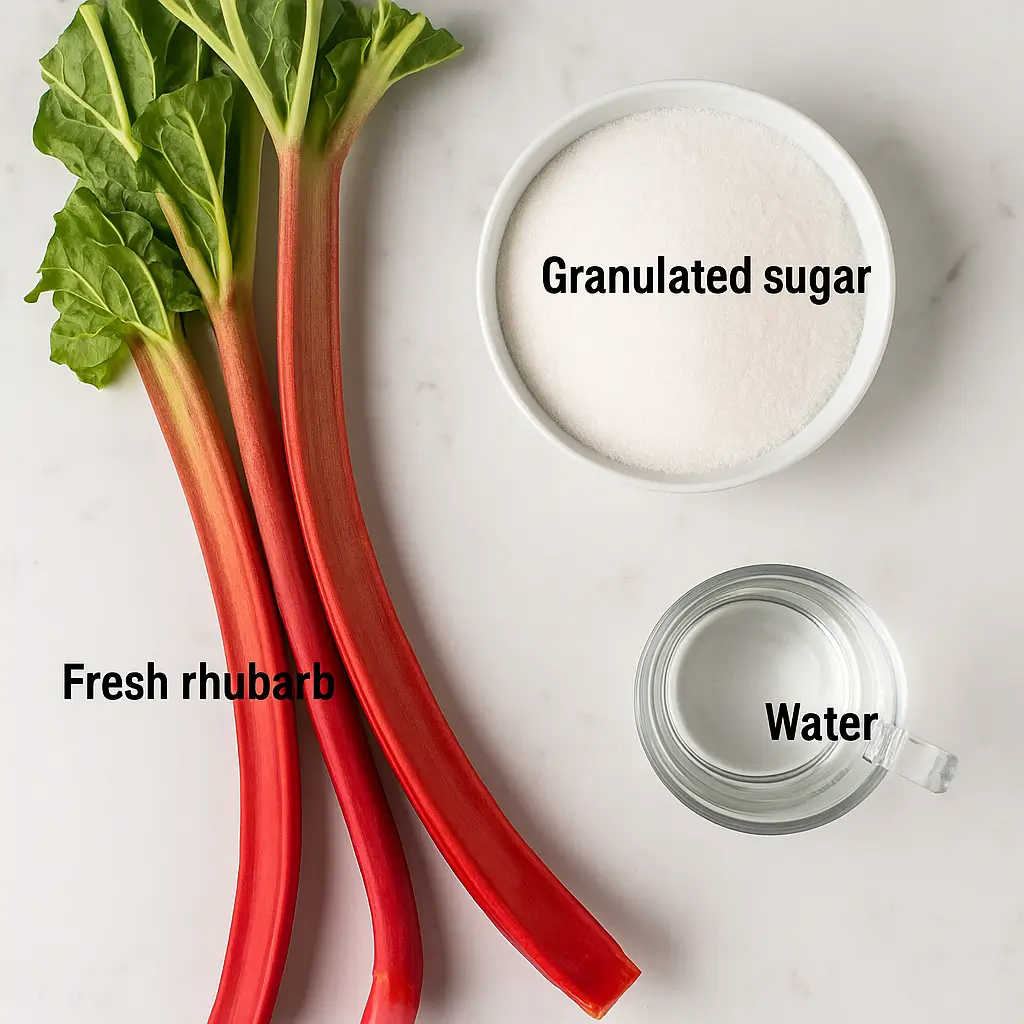 Ingredients for rhubarb sauce recipe including rhubarb, sugar, and water