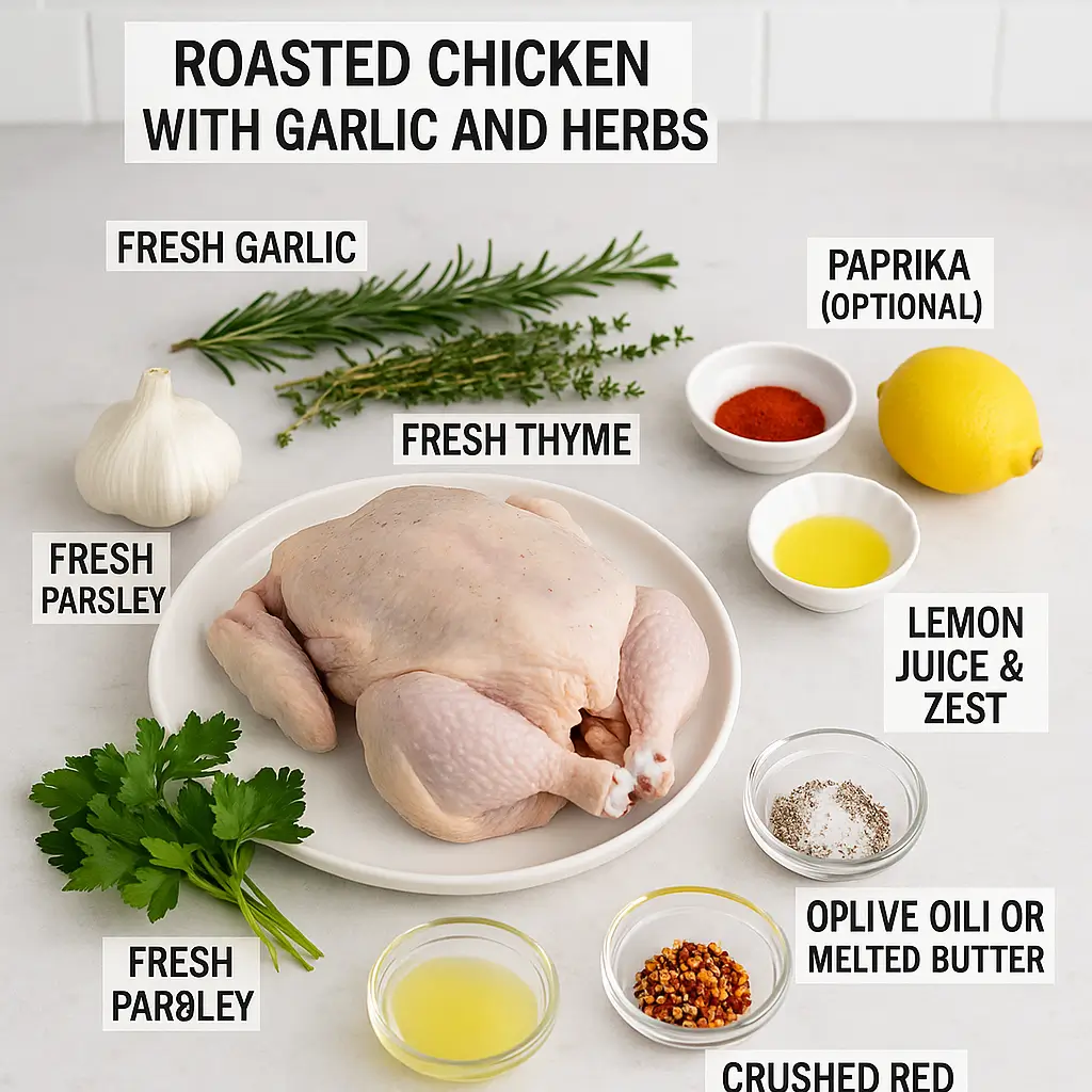 Ingredients for roasted chicken with garlic and herbs including raw whole chicken, fresh herbs, garlic, lemon, and seasonings