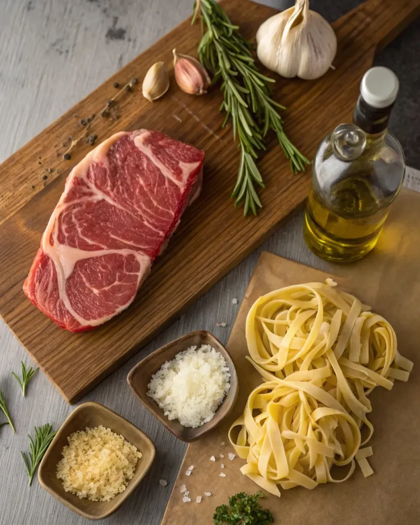 Ingredients for steak and pasta dishes