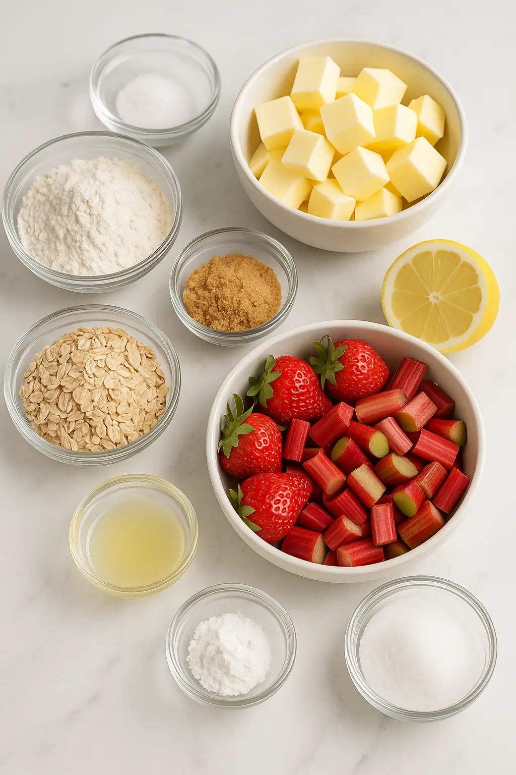 Ingredients for strawberry rhubarb crisp bars including oats, strawberries, and rhubarb
