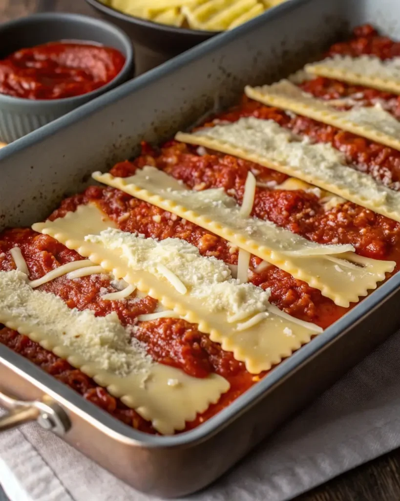 Layering Classic Homemade Lasagna in a baking dish