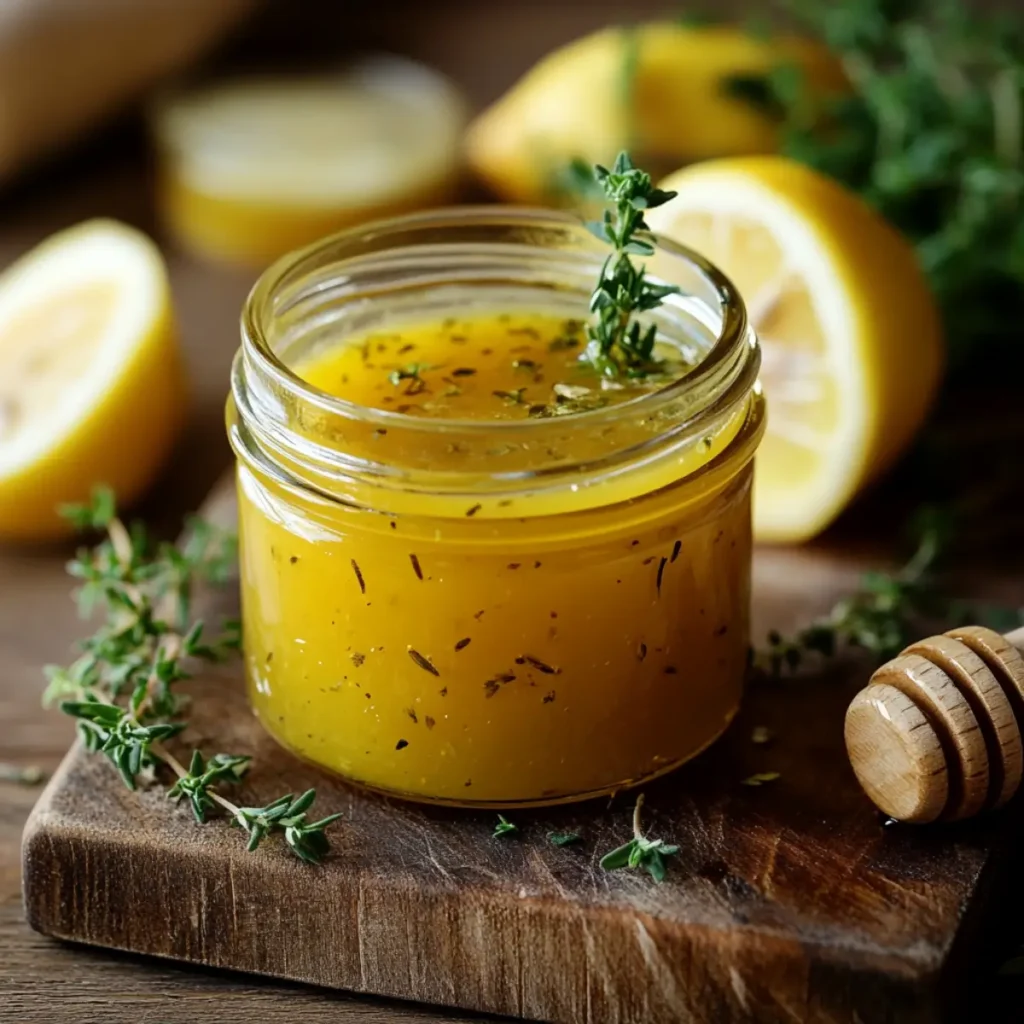 Lemon dressing recipe vinaigrette in a glass jar with fresh ingredients