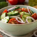 Marinated cucumbers onions and tomatoes in a rustic bowl