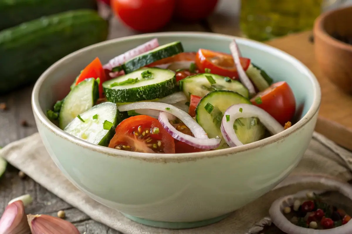 Marinated cucumbers onions and tomatoes in a rustic bowl