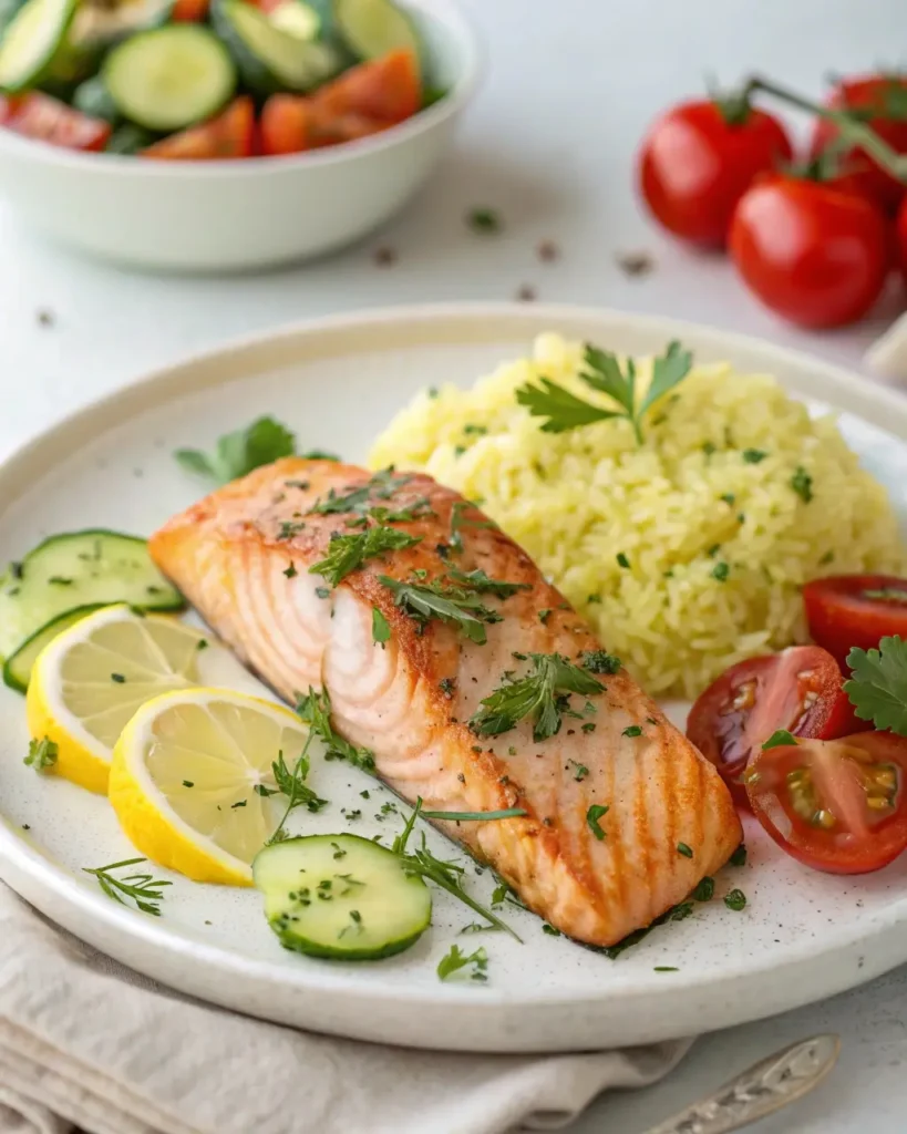 Mediterranean grilled salmon and lemon rice