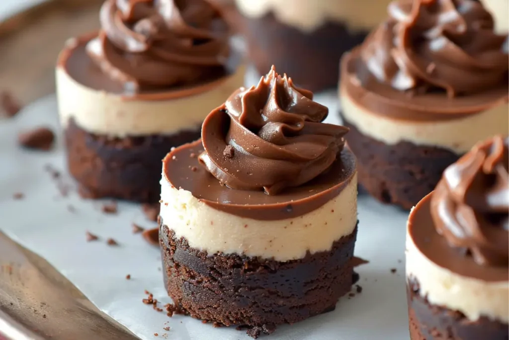 Mini Chocolate Cheesecake Bites with Fudge Ganache Frosting on a serving tray