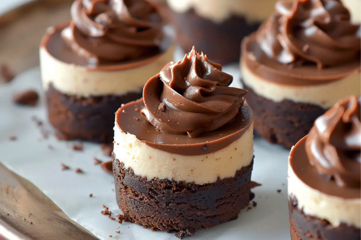 Mini Chocolate Cheesecake Bites with Fudge Ganache Frosting on a serving tray