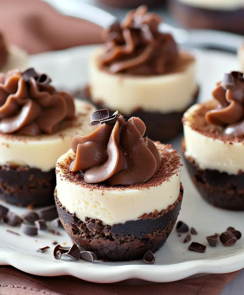 Mini Chocolate Cheesecake Bites with Fudge Ganache Frosting served on a white platter