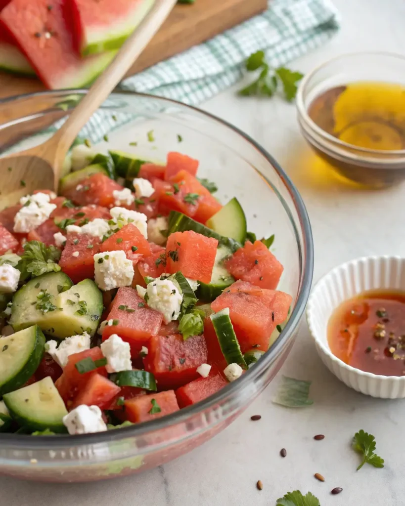 Mixed Watermelon Cucumber Feta Salad with dressing