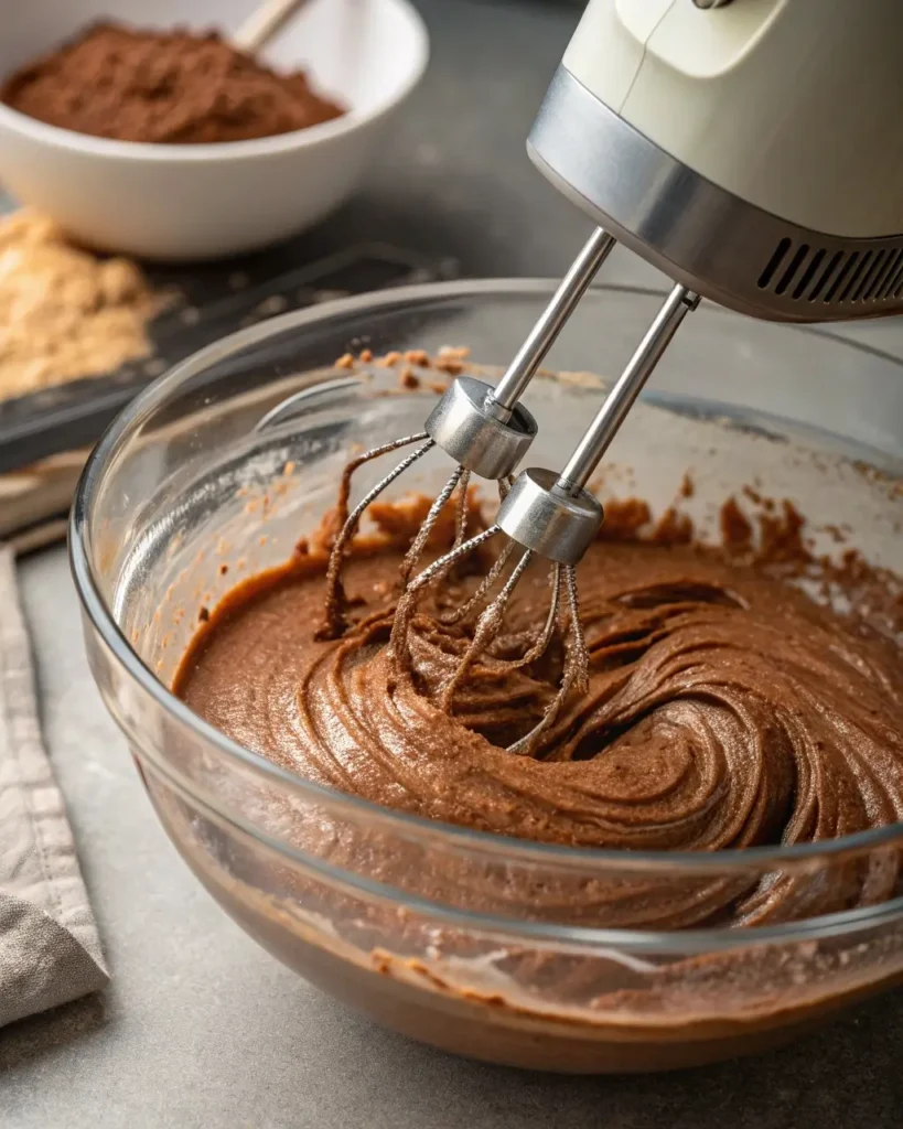 Mixing chocolate cheesecake filling in a bowl