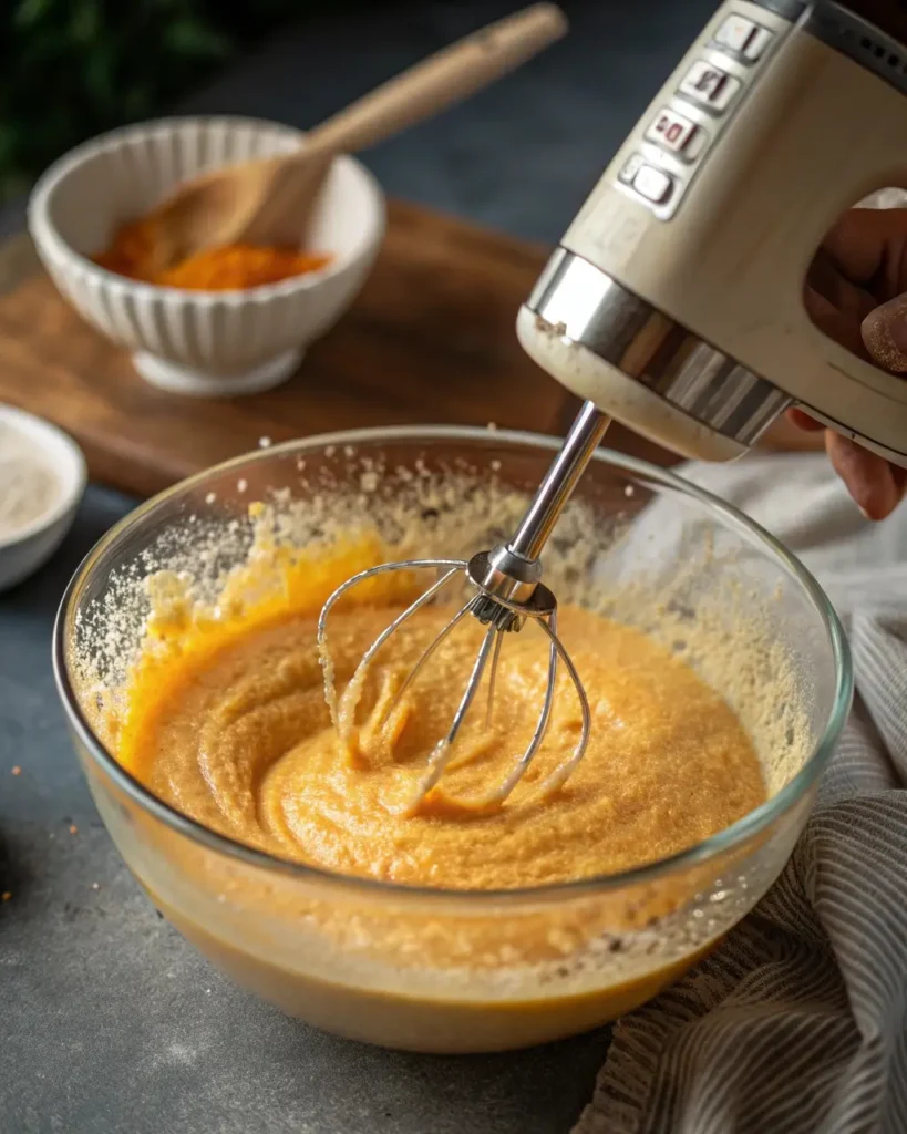 Mixing pumpkin banana loaf batter in a large bowl