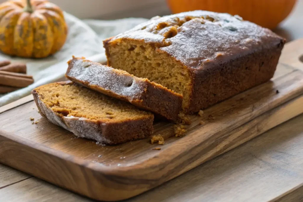 Moist and fluffy pumpkin banana loaf sliced on a wooden board