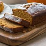Moist and fluffy pumpkin banana loaf sliced on a wooden board