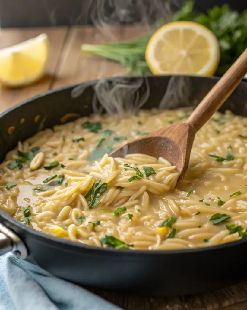 Orzo cooking in creamy lemon garlic sauce