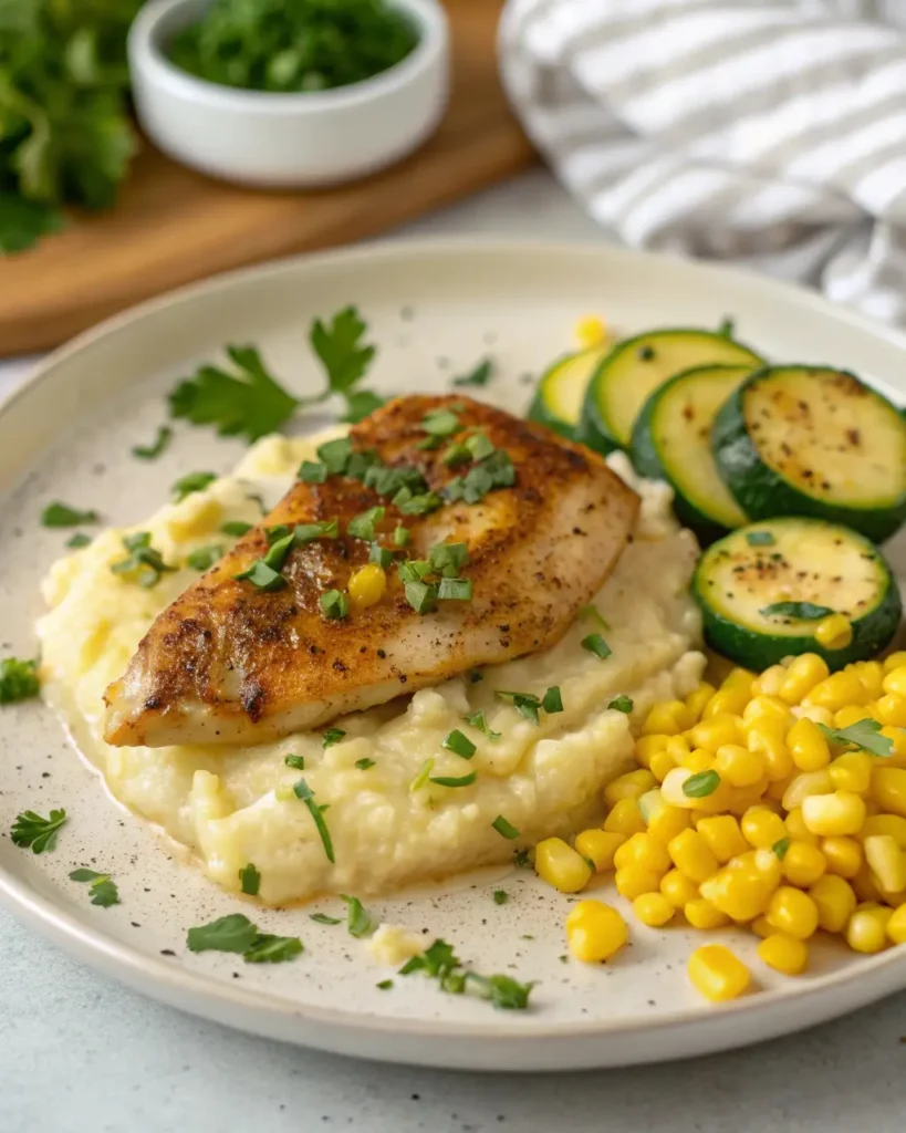 Plated Savory Garlic Butter Chicken with sides