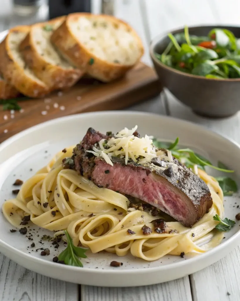Plated steak and pasta dish with ribeye and fettuccine on a rustic table