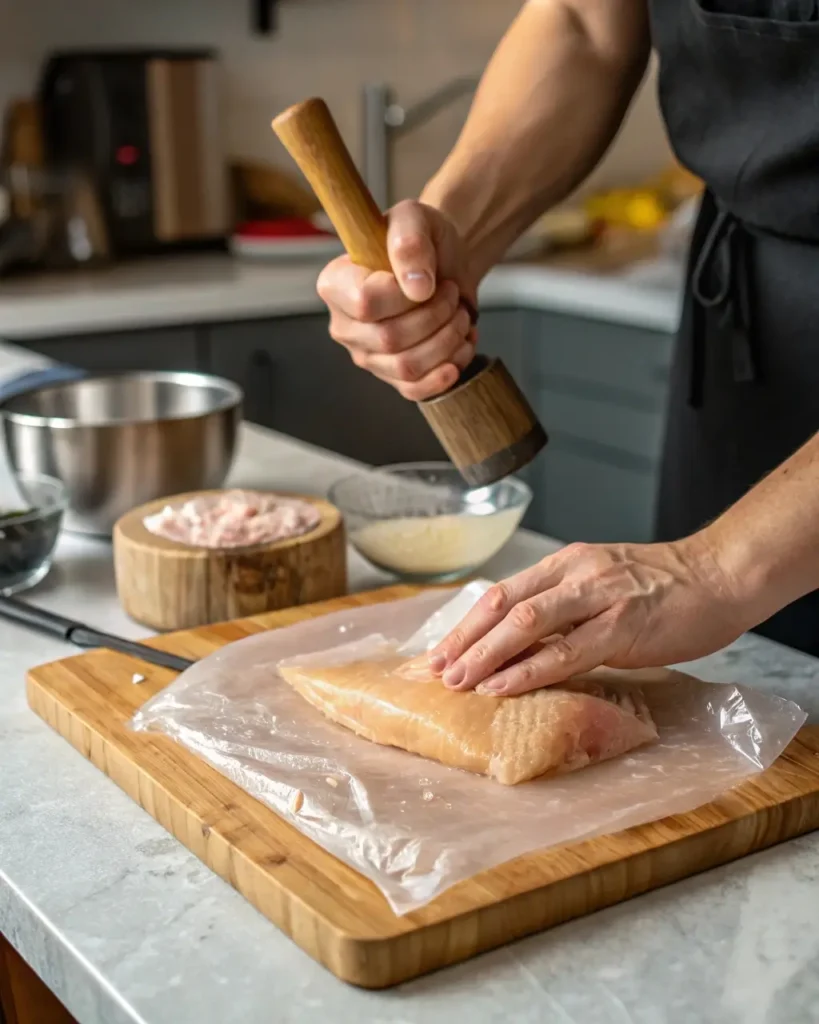 Pounding thin chicken breast for even cooking