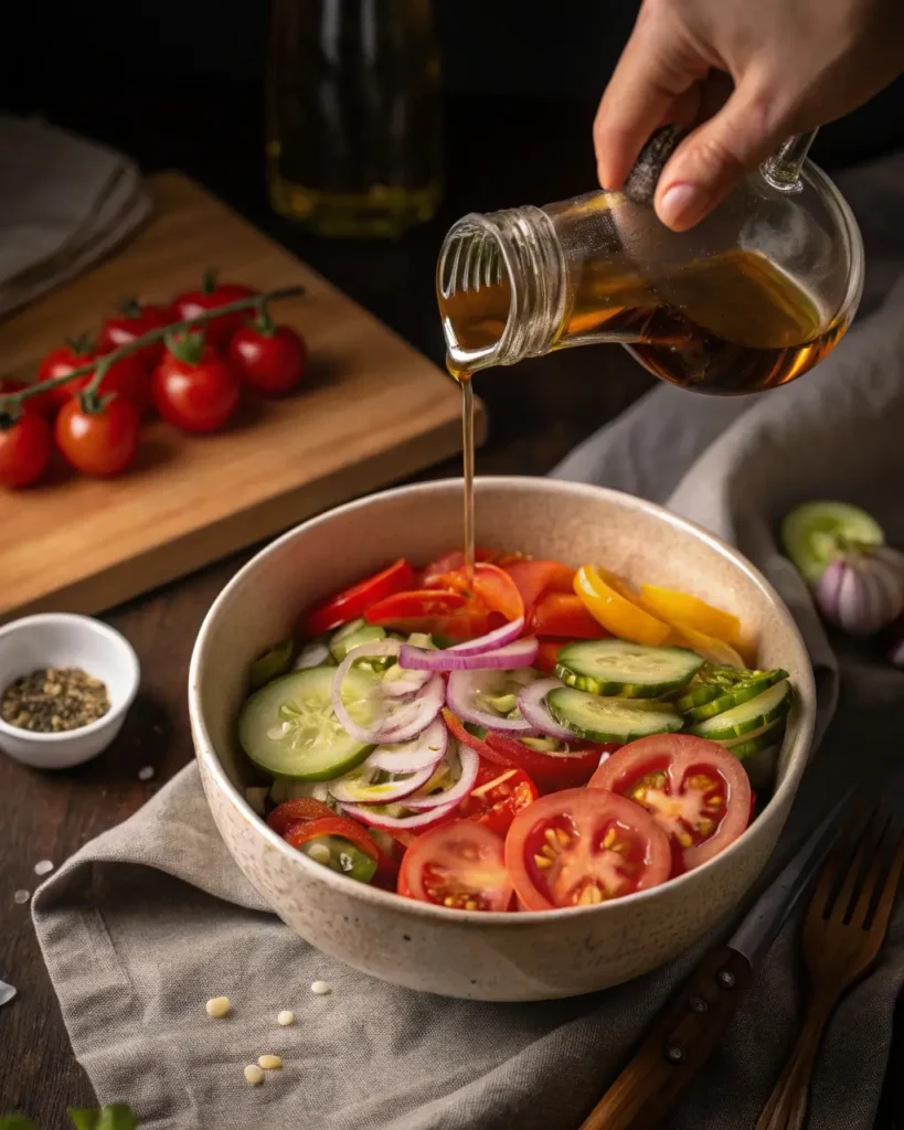 Pouring marinade over cucumbers, onions and tomatoes