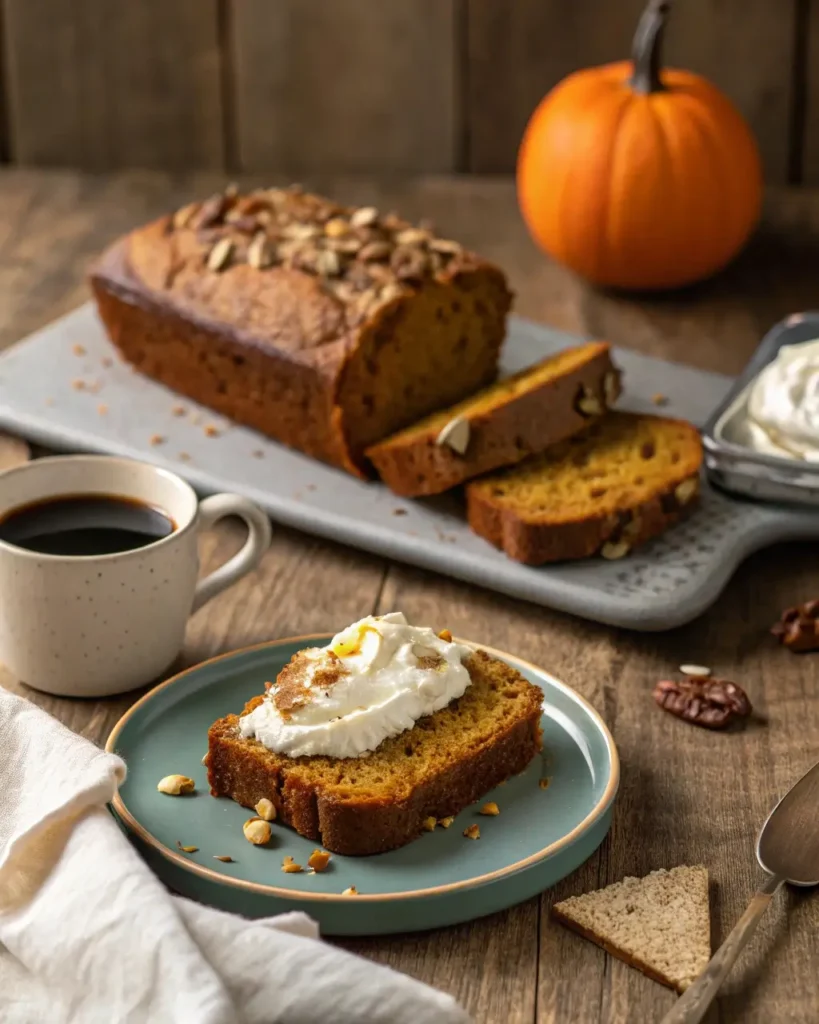 Pumpkin banana loaf slice served with cream cheese and coffee