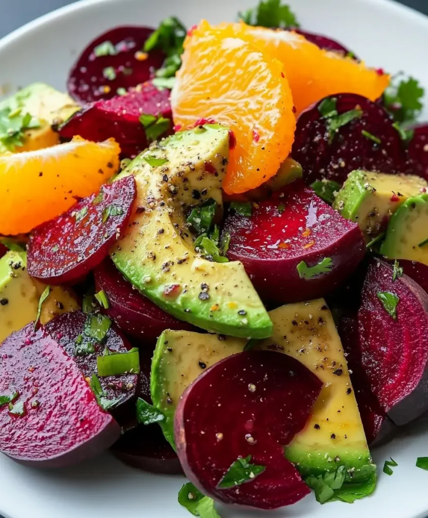 Roasted beet orange avocado salad plated for entertaining