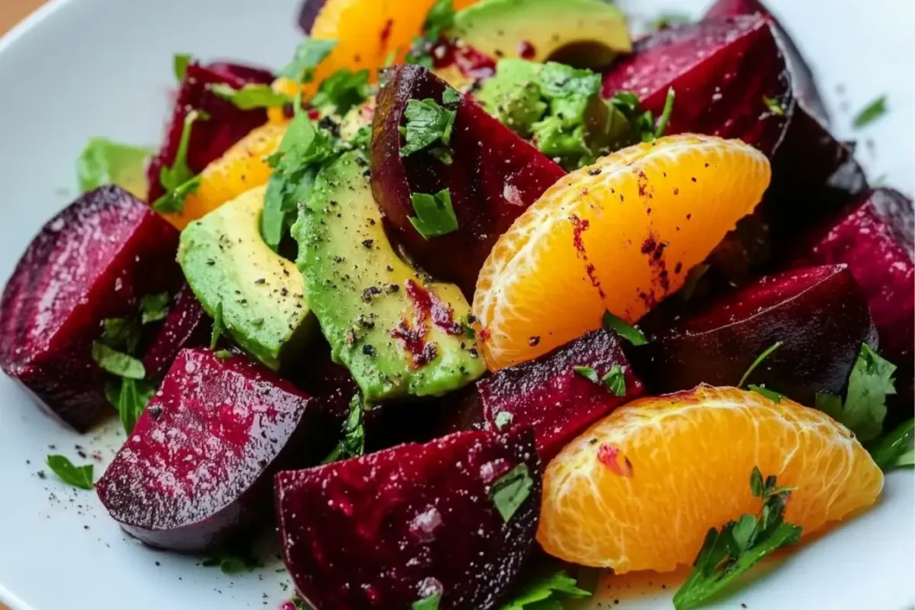 Roasted beet orange avocado salad served on a ceramic plate